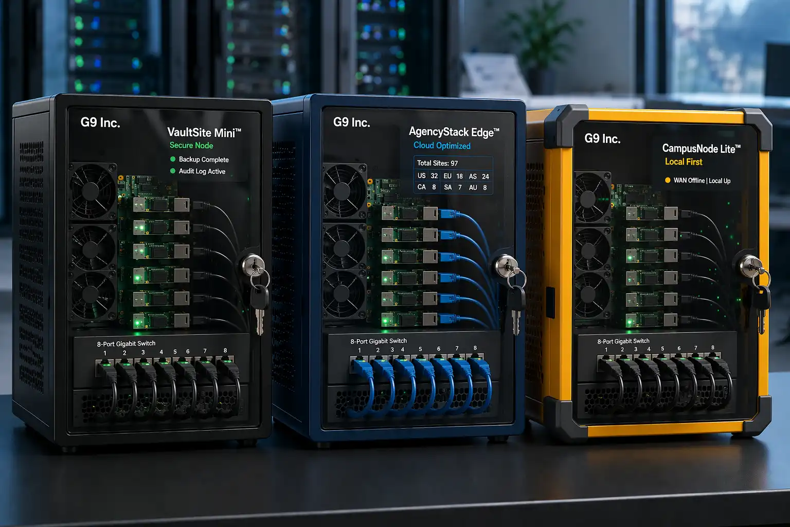 VaultSite Mini, AgencyStack Edge, and CampusNode Lite appliances side-by-side